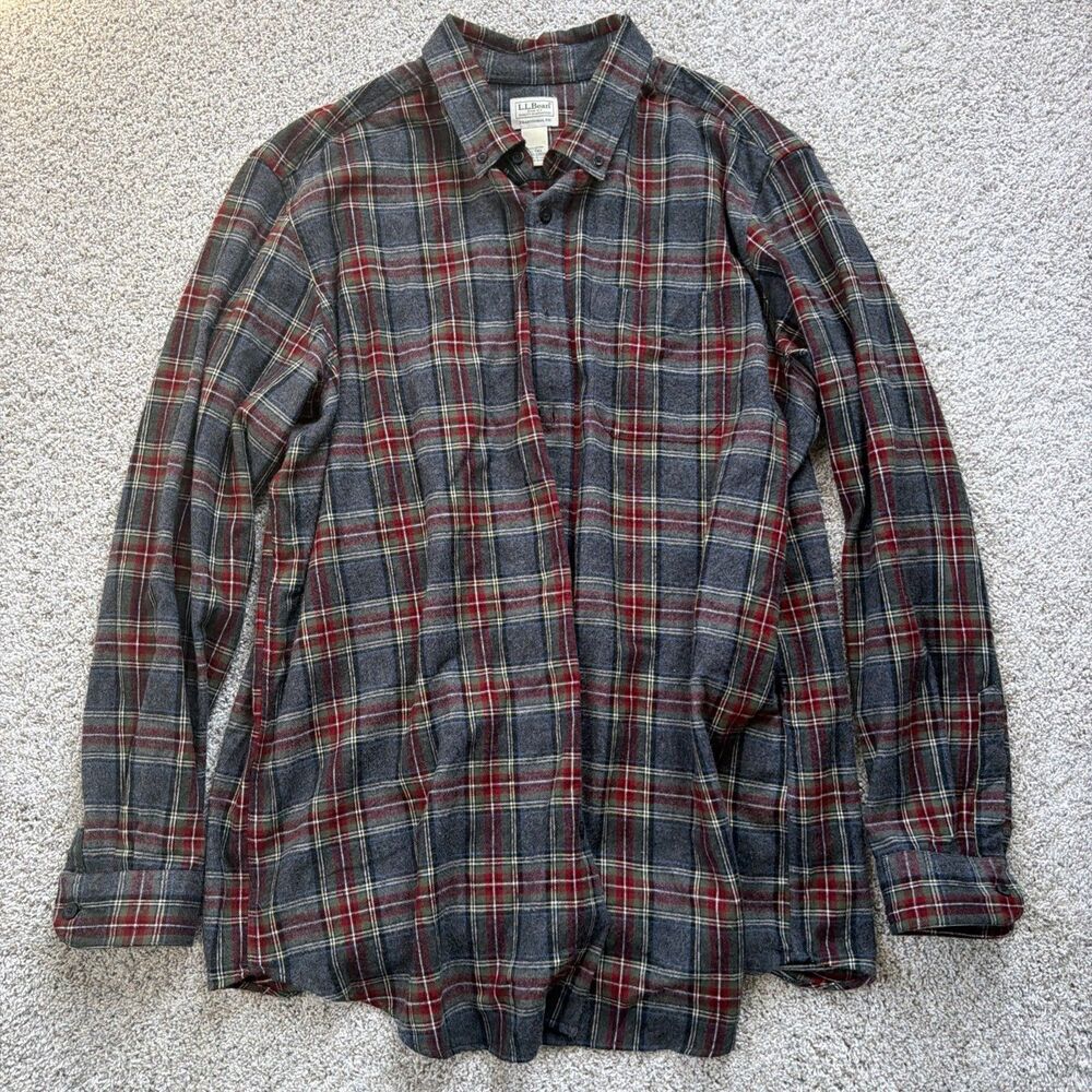 L.L. Bean Scotch Plaid Flannel Shirt Mens XL Tall Grey Stuart Tartan Traditional
